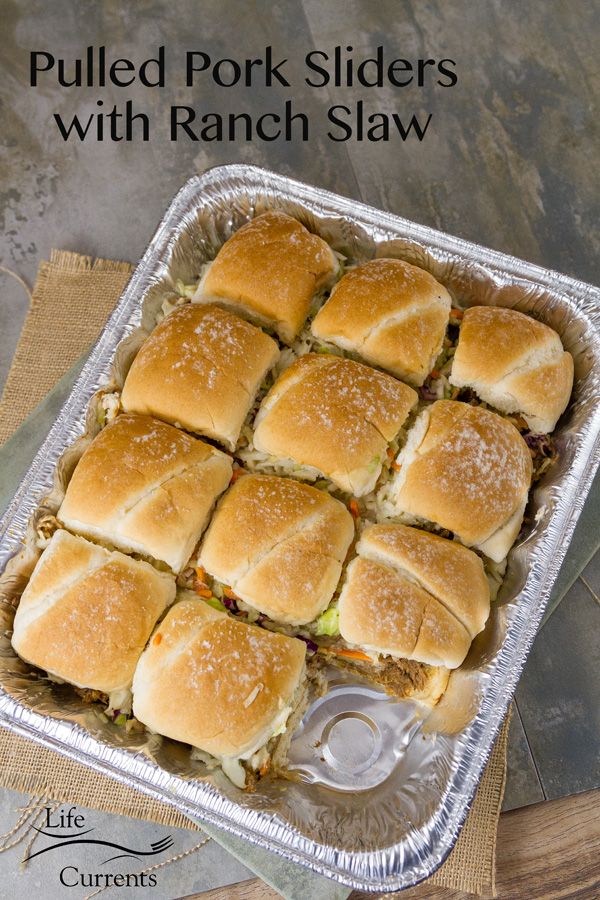 Crock pot or slow cooker Pork Sliders with Coleslaw a tray full for a party