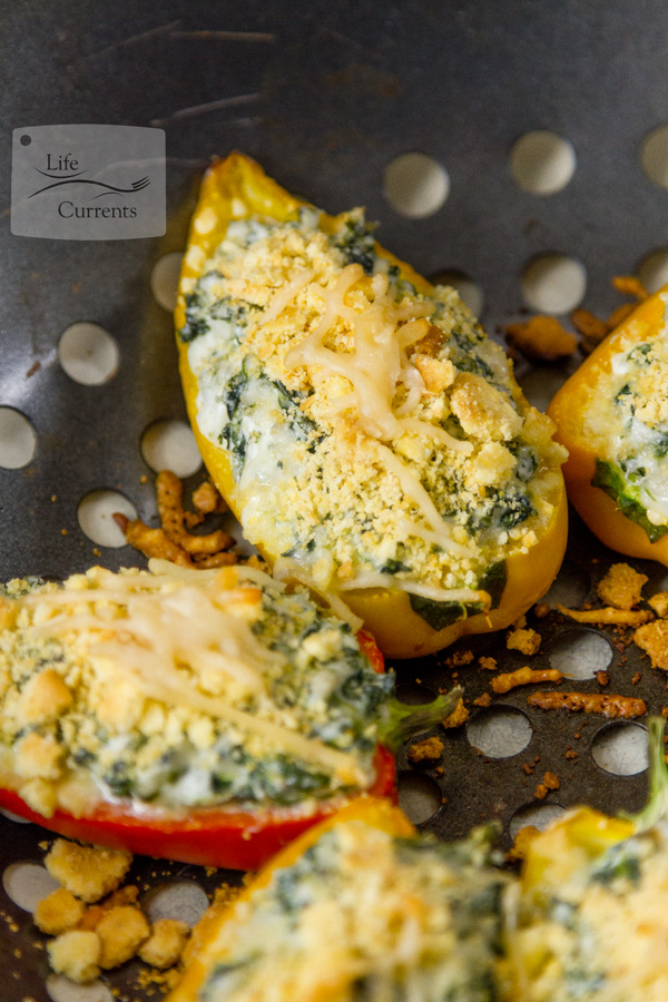 Grilled Cheesy Spinach Dip Stuffed Peppers - Super easy to make, and really fun to eat, these will be the life of the party! Spinach Dip Stuffed Peppers on a grill tray.