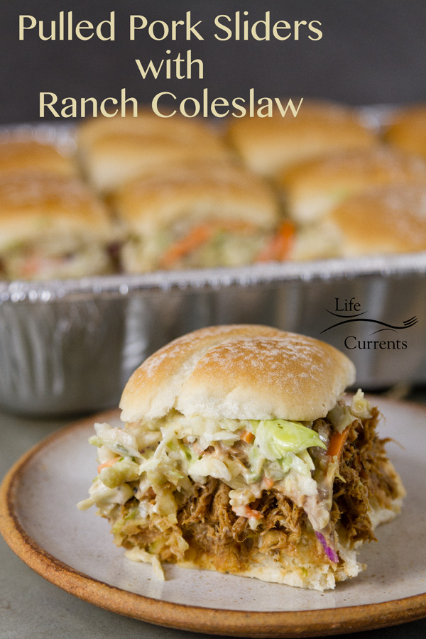Pulled Pork Sliders with Ranch Coleslaw Simple to make pulled pork from the crock pot or slow cooker. Piled high onto slider buns and served with ranch coleslaw.