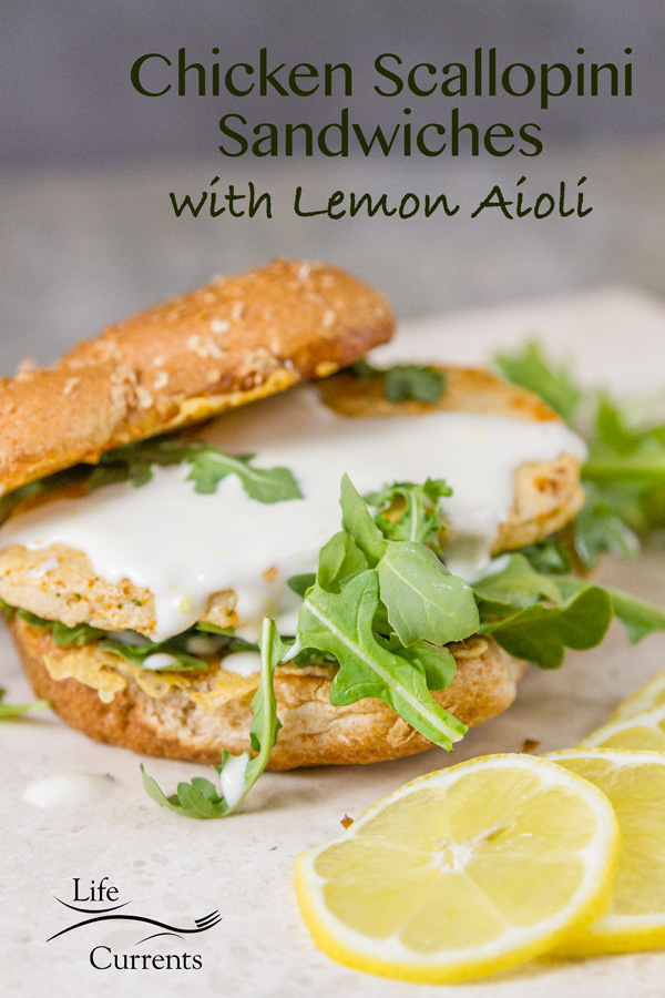 Chicken Scaloppini Sandwich with lemon aioli lightly seasoned meat-free chick&rsquo;n scallopini patty on Parmesan toasted wheat bun with fresh arugula and lemon aioli.