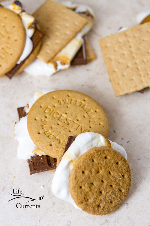 Lots of different variations on s'mores are possible and delicious 5 s'mores are in this picture with different cookies and crackers as their base 