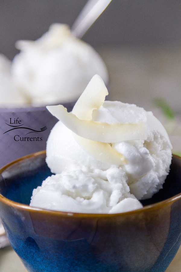 a blue bowl with coconut sorbet topped with coconut chips and a second one in the background 