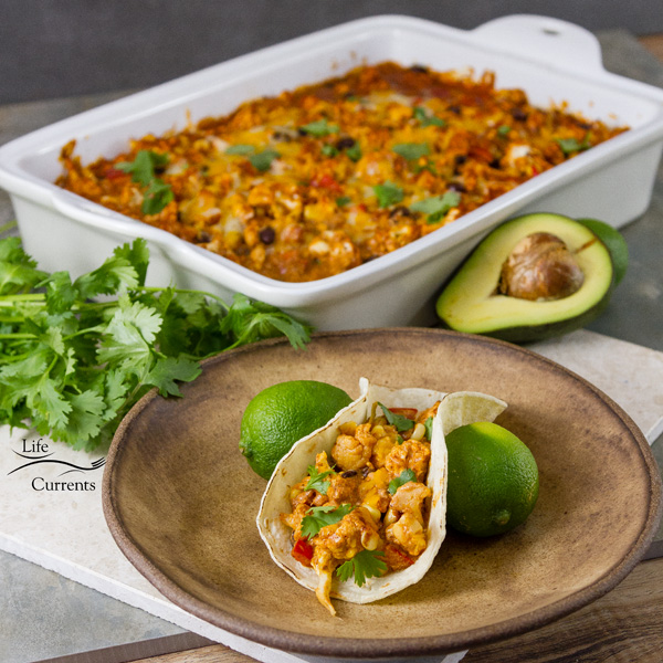 This quick and easy casserole bake can be served as a vegetarian main course, as a side dish, at a taco bar party, or as a nice casserole for company. Try it as a filling for tacos or burritos. Serve it over pasta or mashed potatoes for a fun twist. 