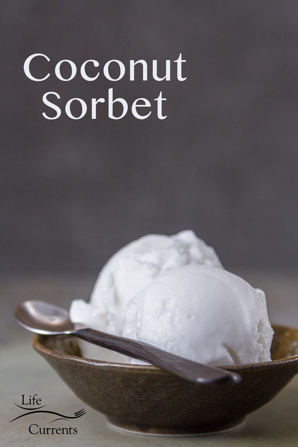 A small brown bowl filled with white coconut sornet on a grey background with a black and grey spoon