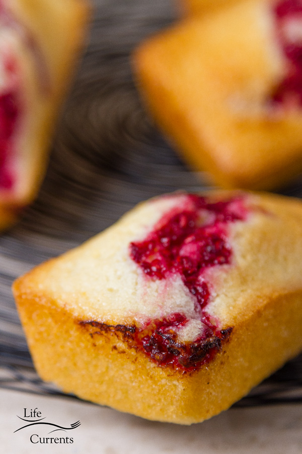 Almond Cakes with Roasted Raspberry Swirl These mini Almond Cakes are actually French cakes called Financiers close up on the cake with the swirl