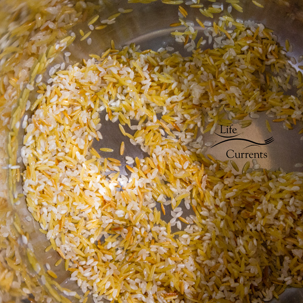 rice and orzo browned in the Instant Pot insert 