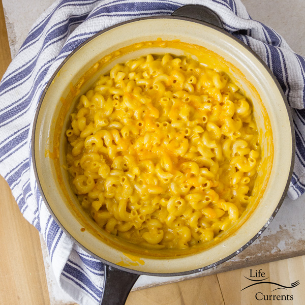 The pot of mac & cheese out of the oven and with a blue striped towel 