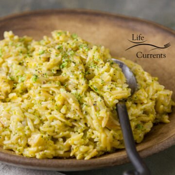 rice a roni in a bown serving dish with a spoon