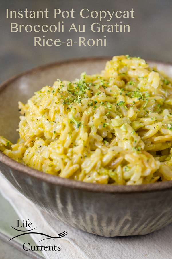 Broccoli au Gratin copycat rice-a-roni made in the Instant pot served on a ceramic bowl on a white napkin with a title
