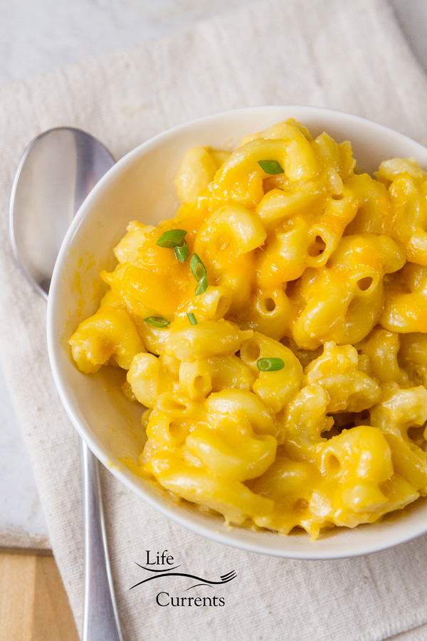 One Dish Oven Baked Mac & Cheese recipe in a white bowl with a spoon on the right on a white background