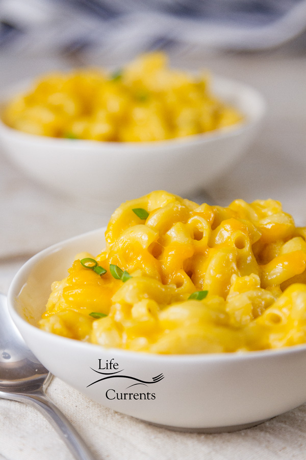 two white bowls with cheddar mac & cheese garnished with green onions on a white background with a blue cloth in the back 