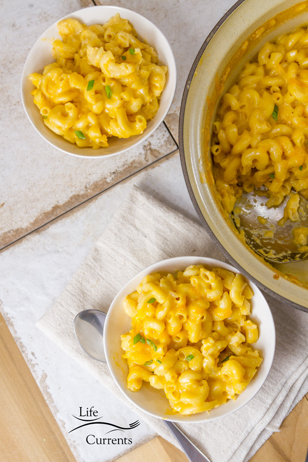 Two servings of mac & cheese next to the pot that the pasta was cooked in all on a white background