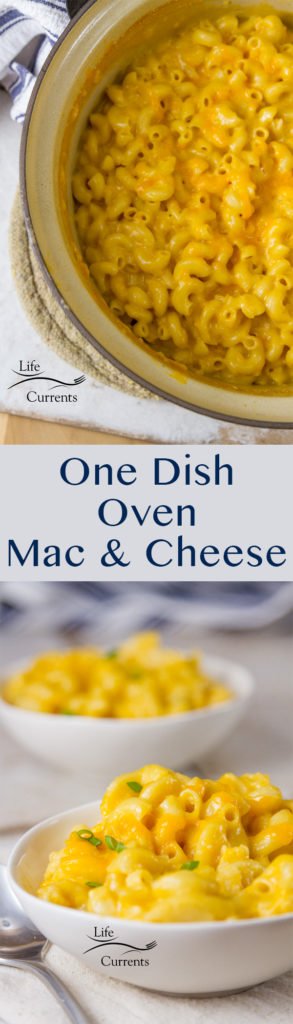 One Dish Oven Baked Mac & Cheese Recipe long pin for pinterest with two images and a title 