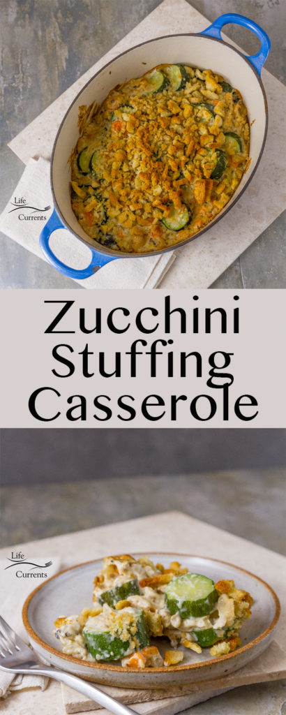 Long pin image for Pinterest for Zucchini Stuffing Casserole Recipe
