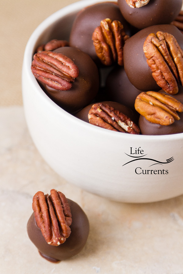 Pecan Bourbon Balls in a white bowl with one of the treats in front of the bowl