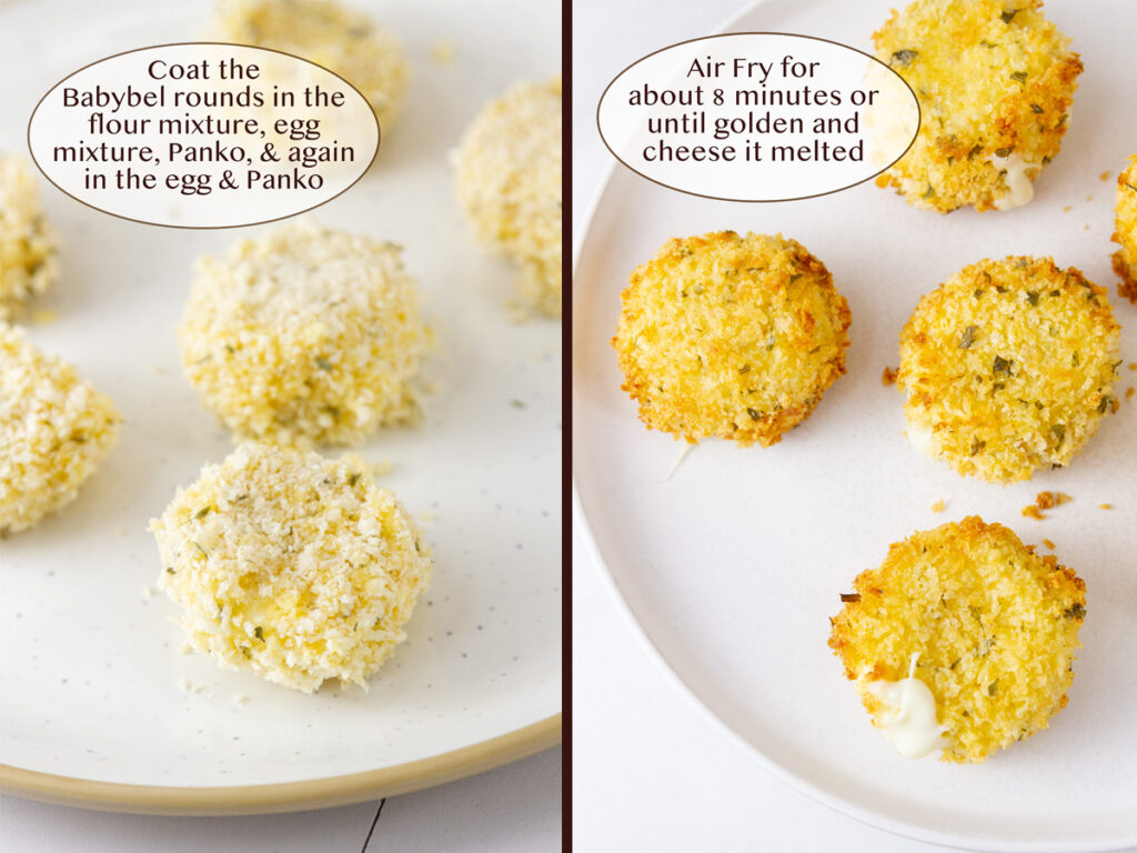 breaded Babybel cheese rounds unccoked on left, and cooked on right.