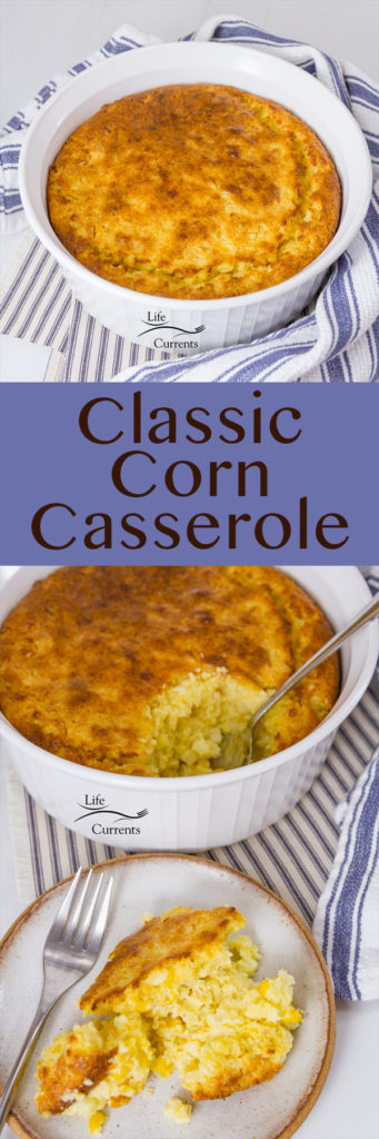classic corn casserole long pin with two images and a title 