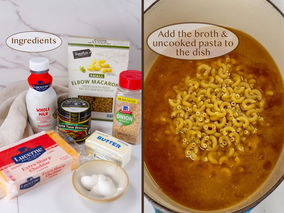 ingredients on left and everything added to a casserole dish on right.