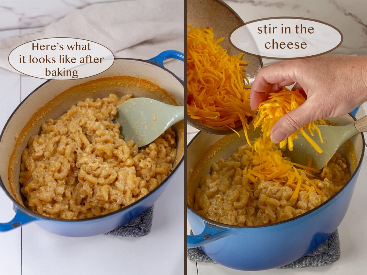 stirring the cooked pasta on left and adding the shredded cheese on right.