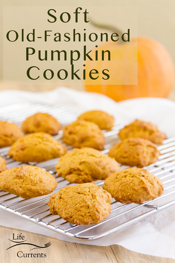 Soft Old-Fashioned Pumpkin Cookies without icing on a cooling rack and a pumpkin in the background