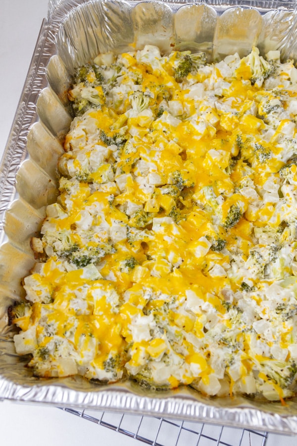 casserole baked in an aluminum pan so it can be taken to a potluck.