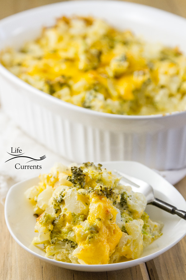 A casserole dish with a servingtaken out of broccoli potato casserole a serving on a plate with a fork 