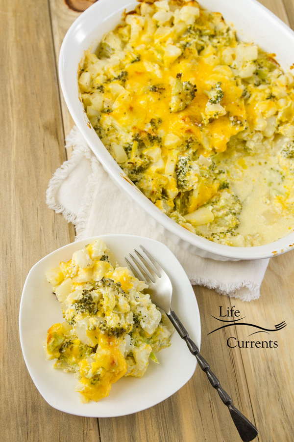 top down or flatlay of broccoli potato casserole in a casserole dish and then served on a plate with a fork