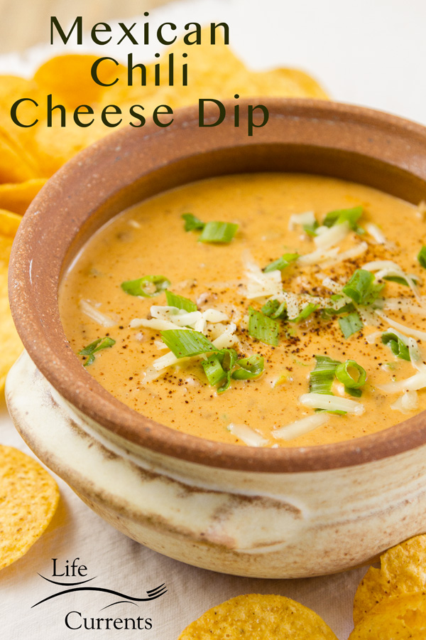 Mexican Chili Cheese Dip in a terracotta pot surrounded by corn tortilla chips