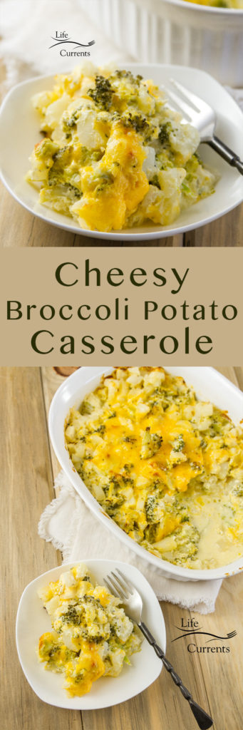 Long pin for Pinterest with two images and a title of Cheesy Broccoli Potato Casserole 