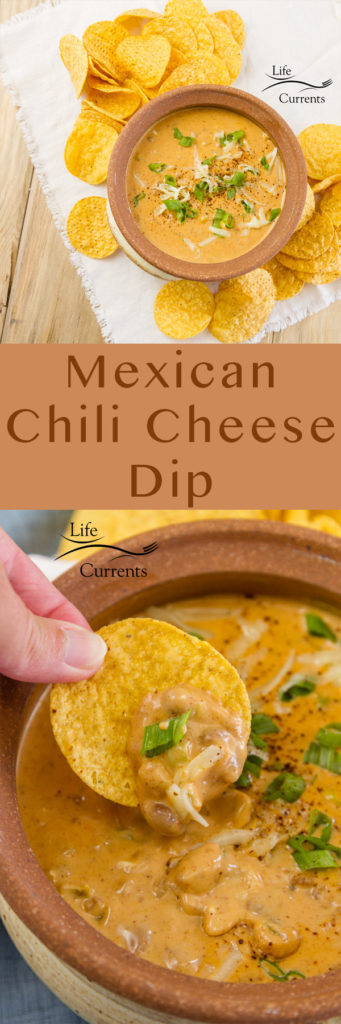 Long pin for Pinterest with two images of Mexican Chili Cheese Dip Recipe