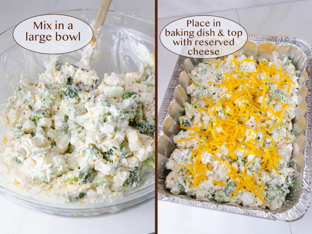 casserole ingredients mixed together in a large glass bowl on left and placed in a casserole dish on right.