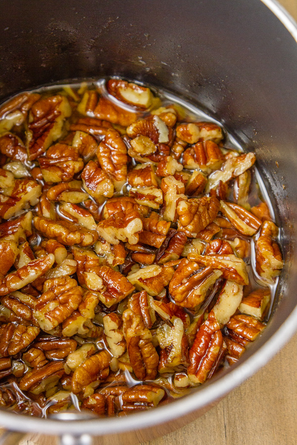 maple browned butter pecan sauce in a pan