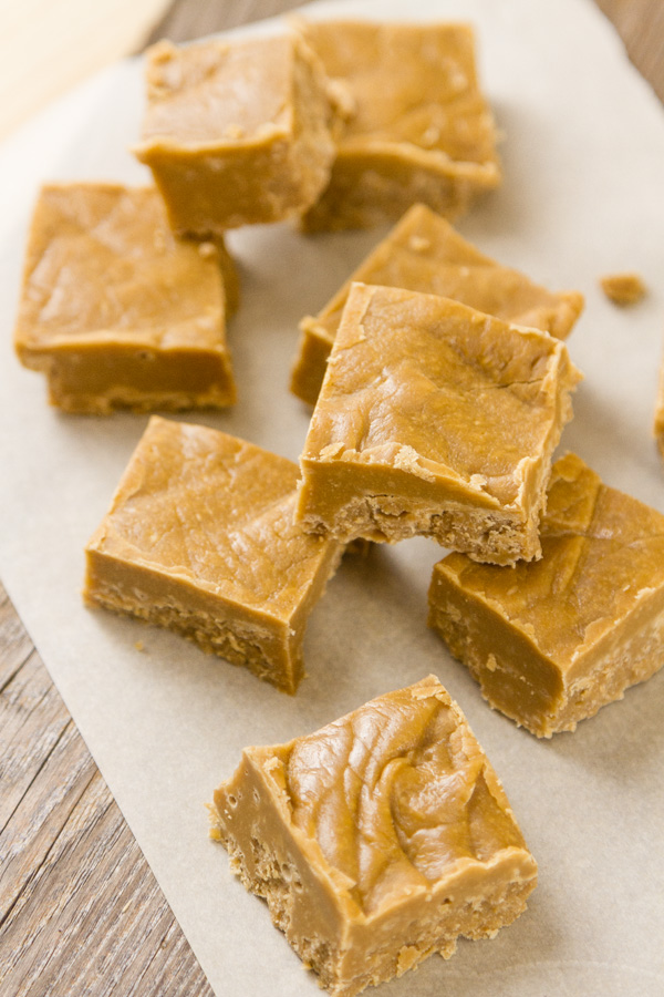 This buttery melt-in-your-mouth delicious old-fashioned Brown Sugar Fudge has the warm flavor of caramel and reminds me of a fabulous New Orleans praline. It’s perfect on a Christmas dessert tray or included in a cookie exchange. You'll want to keep this recipe handy, as gift giving season approaches. delicious brwon sugar fudge candy on a piece of parchment paper