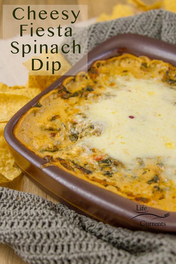 Creamy and cheesy, this hot spinach dip is filled with Mexican flavors, and it’s the perfect addition to any taco bar, tailgate, game day spread, or party! Cheesy Fiesta Spinach Dip will have all your guests asking for the recipe! Cheesy hot dip cooked in a clay square baker pot covered in Jack cheese grey hot pads next to the pan and tortilla chips on the side