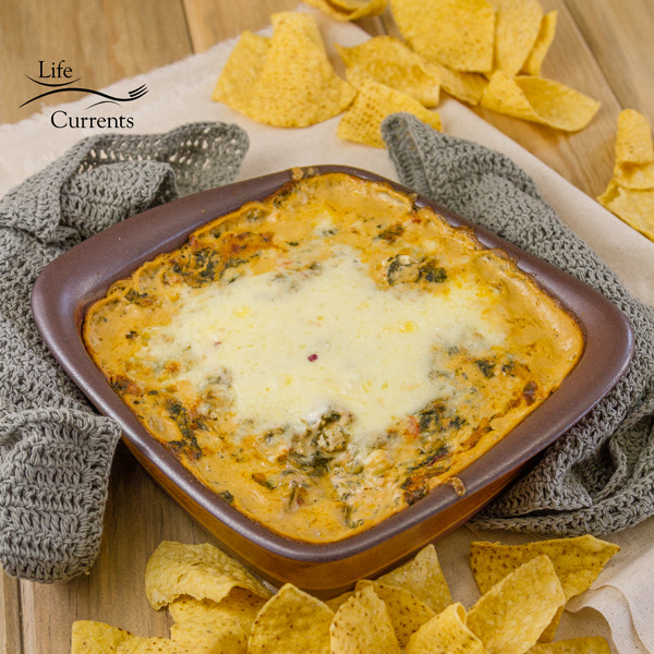 Cheesy Fiesta Spinach Dip - This dip is easy to mix up, bakes up nice and cheesy in the oven, and then has lots of veggies to keep you full and happy. hot out of the oven cheesy dip served in a clay baking pan with hot pads next to it and tortilla chips all around