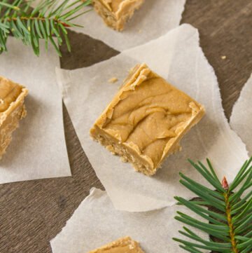 pieces of brown sugar fudge on pieces of parchment paper with fir branches