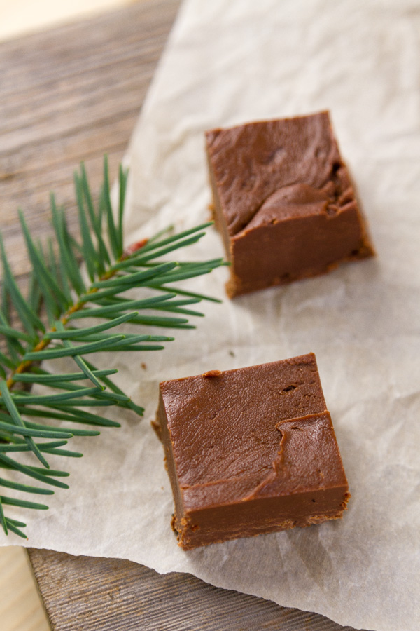 Rich smooth and creamy Mocha Fudge with the intense flavor of espresso and chocolate. This is a fudge that deserves a special place in your holiday baking and gift giving. Two pieces of fudge on parchment paer with a fir tree bough next to them