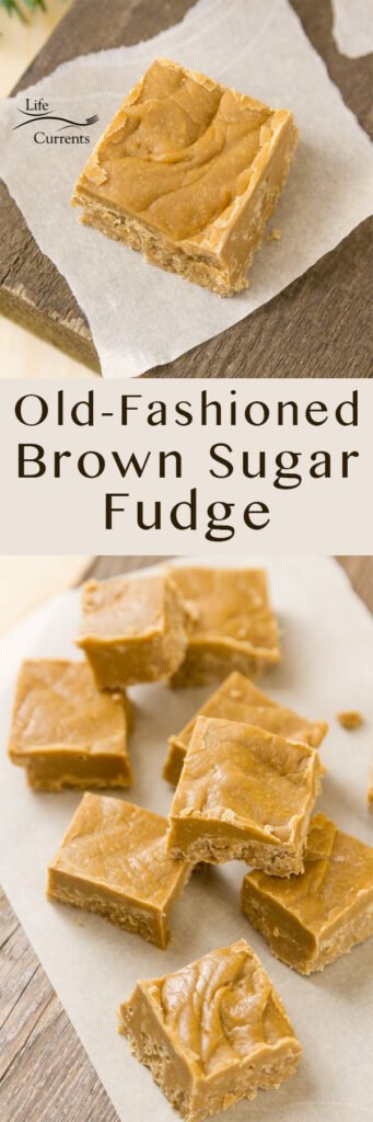 This buttery melt-in-your-mouth delicious old-fashioned Brown Sugar Fudge has the warm flavor of caramel and reminds me of a fabulous New Orleans praline. It’s perfect on a Christmas dessert tray or included in a cookie exchange. pinterest long pin with two images of Brown Sugar Fudge