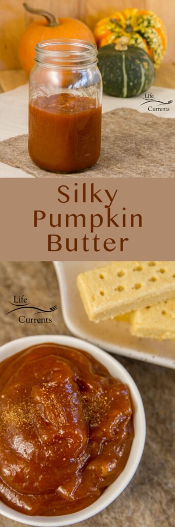 a pinterest long pin with two images of pumpkin butter and a title 