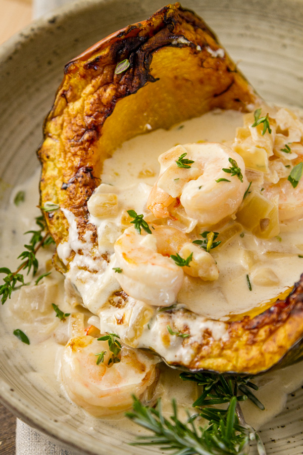 shrimp in cream sauce over fall squash
