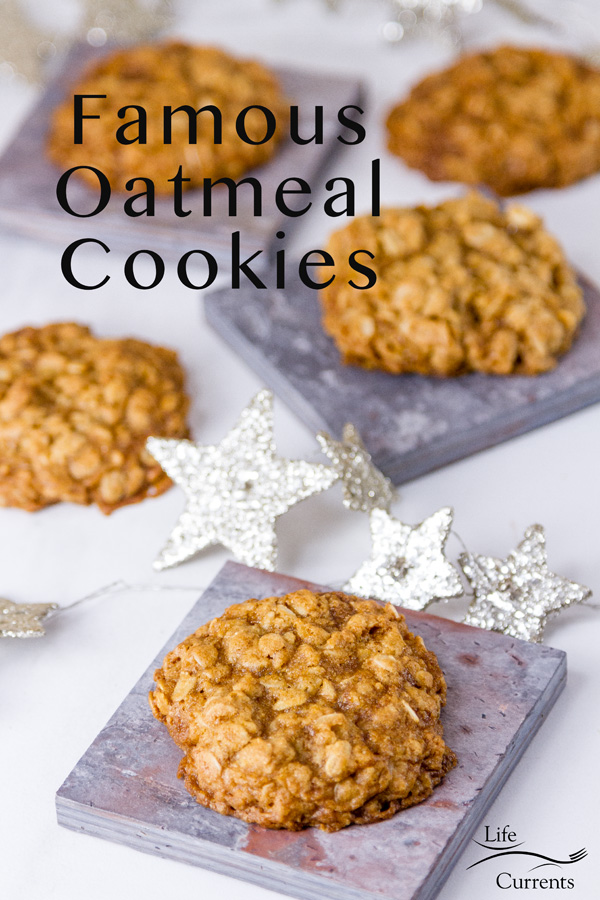Crispy edges, chewy in the middle, and wholesome perfectly balanced Famous Oatmeal Cookies. These are my favorite cookies, and they are the classic original recipe! oatmeal cookies on tiles for serving with silver glitter stars around