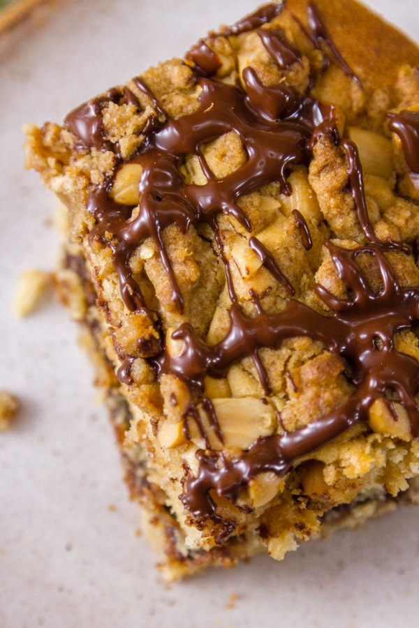 close up of the chocolate drizzle on the Peanut Butter Coffee Cake 