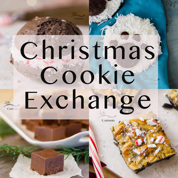 Chrismas Cookie Exchange collage with Polar bear paw print cookies, peppermint brownie cookies, mocha fudge, and peppermint magic bars