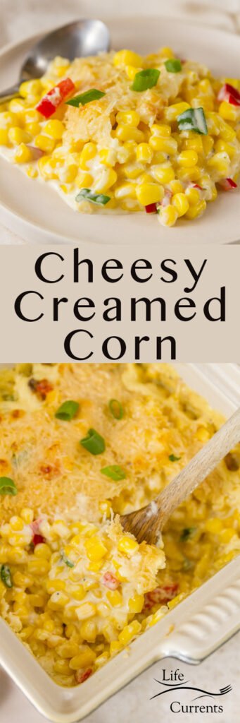 Creamed Corn long pin for Pinterest with 2 images and a title 