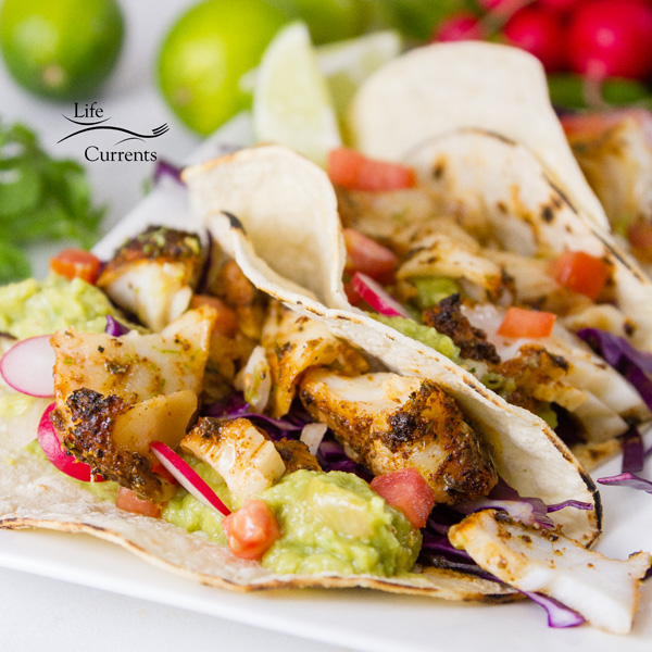 close up of Air Fryer Chili-Lime Cod Fish Tacos 