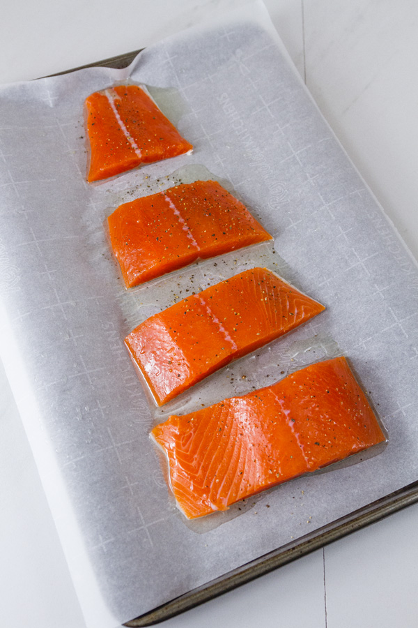 Salmon cut into 4 fillets for Roasted Salmon Risotto