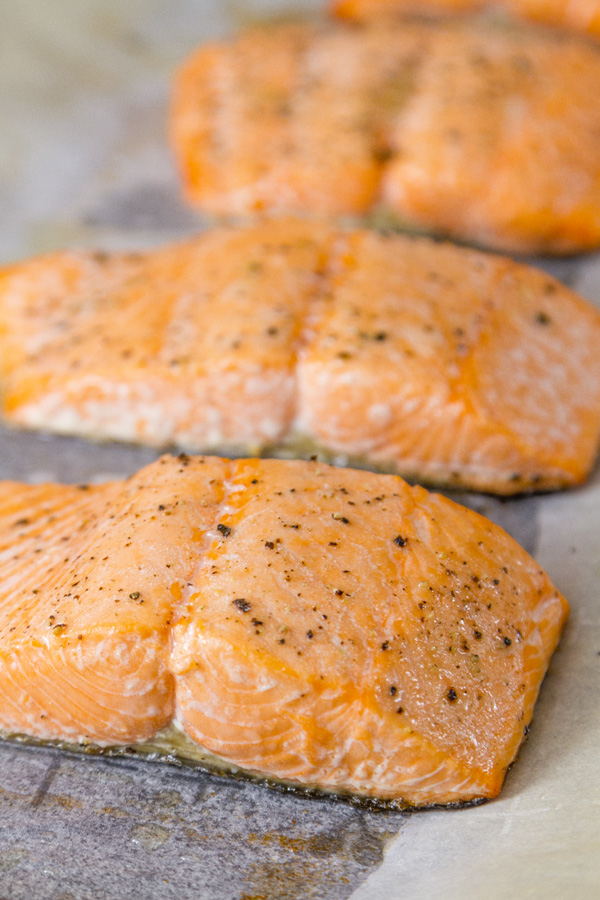 Roasted Salmon Risotto - here is the roasted salmon on a rimmed tray fresh from the oven