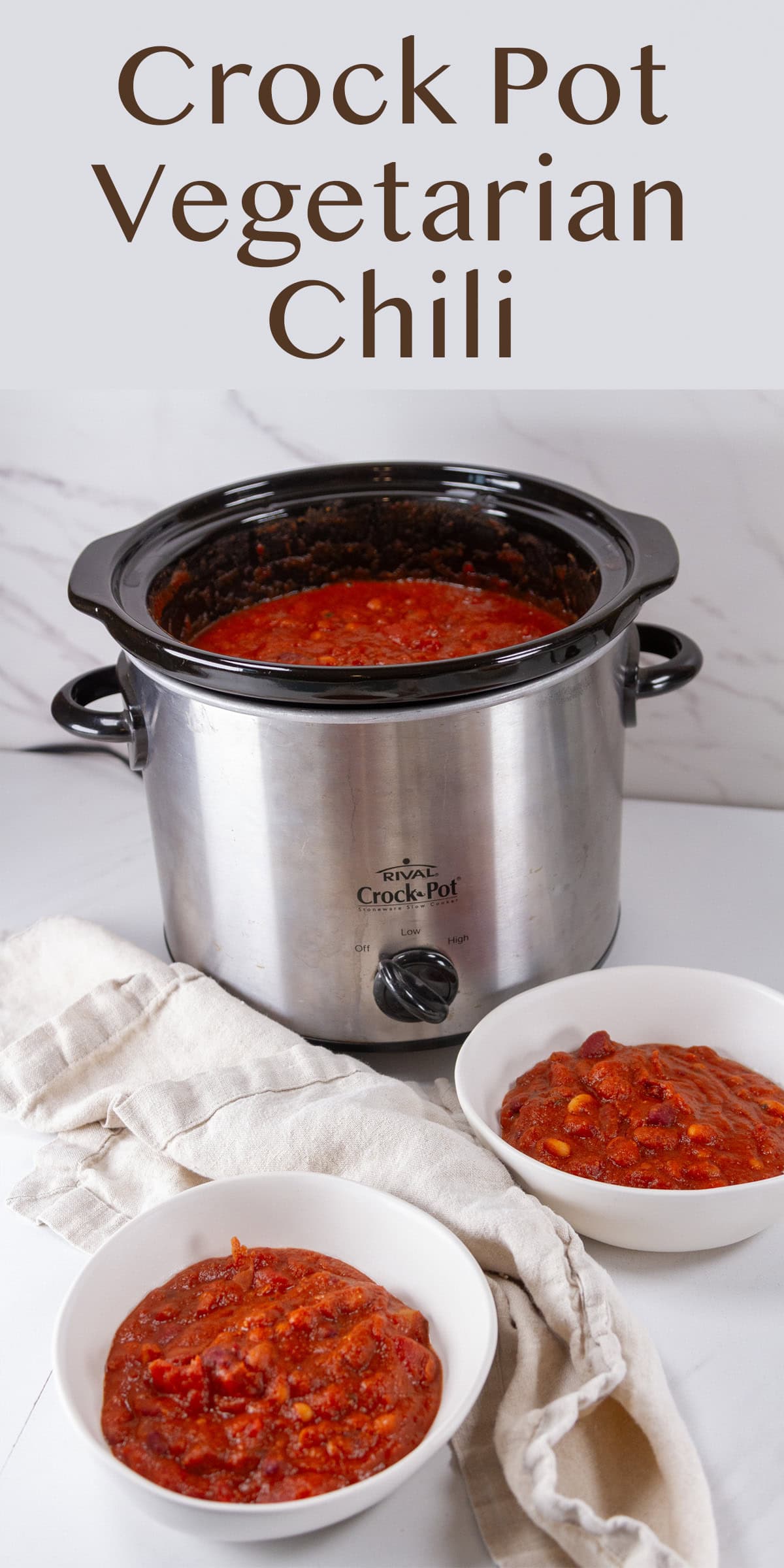 two bowls of chili in front of the slow cooker.