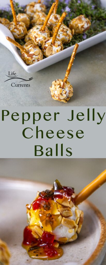 Pepper Jelly Cheese Balls long pin for Pinterest with two images and the title