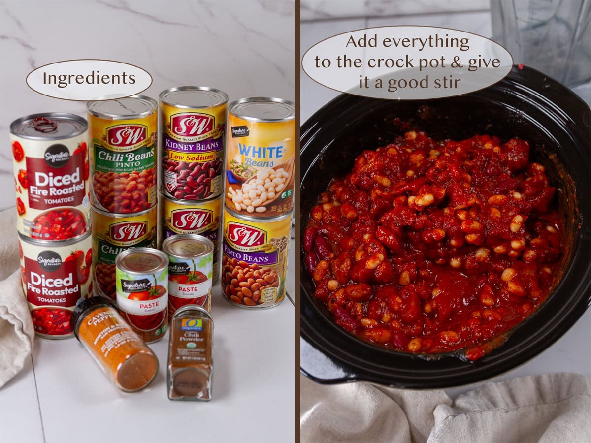 ingredients on left and added to the crock pot on right.